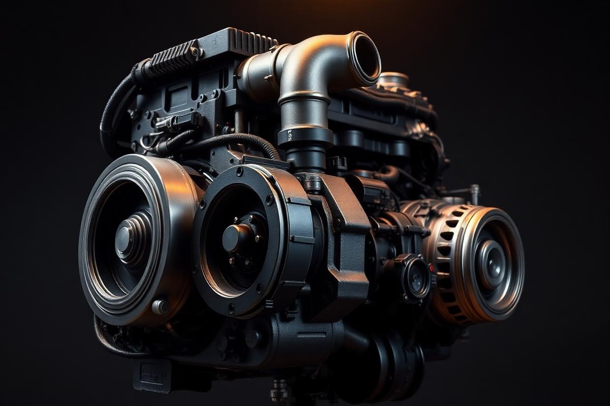 Motor diesel de caminhão com turbocompressor em fundo escuro